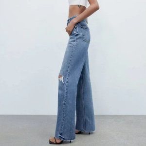 ZARA Ripped High Rise Wide Leg Jeans in Light Blue